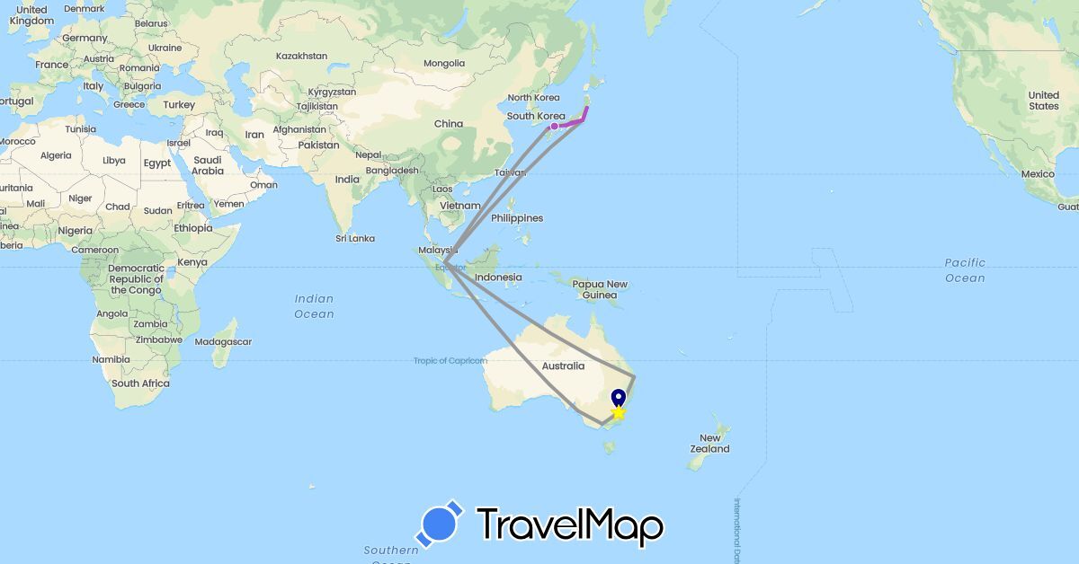 TravelMap itinerary: driving, bus, plane, train, hiking, boat in Australia, Japan, Singapore (Asia, Oceania)